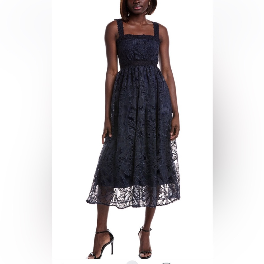 Monique Lhuillier Navy Lace Midi Dress with Square Neck